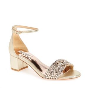 Badgley Mischka Triana Rhinestone Gold Leather Ankle Strap Low Block Heel Sandal